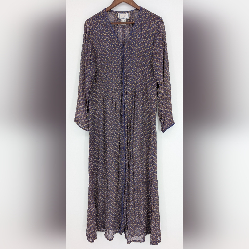 Vtg. April Cornell For Cornell Trading Rayon Floral Maxi Dress Long Sleeve Sheer